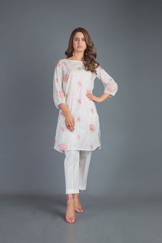 Bareeze Printed Pr850 Grey Collection 2021 Fitted White Cambric Lawn Suit, Casual Fitted Lawn Suit With Printed Motifs, Spring Cambric Dress With Printed Motifs, White Cambric Kurta, Casual Salwar Kameez With Dabka, White Unstitched Straight Kurta Suit For Summer, Fitted Tunic For Eid, White Cambric Dresses For Summer, Long Sleeve Cambric Dresses For Spring