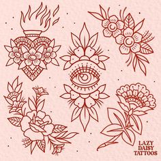 tattoos with flowers and hearts on the side are drawn by hand in red ink against a light pink background