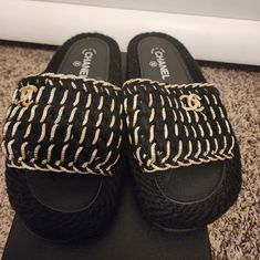 Brand New With Tags And Box. Beautiful Tweed Sandals! Designer Black Sandals With Textured Sole, Luxury Black Sandals With Woven Sole, Designer Black Sandals With Woven Sole, Shoes Chanel, Chanel Tweed, Chanel Shoes, Women's Shoes Sandals, Shoes Sandals, Chanel