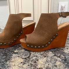 These Are Basically Brand New. Been Worn Very Few Times. Kept In The Closet Protected. So Cute For Summer! Or Spring Or Fall! Casual Brown High Heel Shoes, Casual Brown High Heels, Casual Wedge Heels With Reinforced Heel, Casual Wedge Heels With Heel Strap, Casual Open Toe Sandals With 4-inch Heel, Casual Open Toe Heels With Reinforced Heel, Casual Sandals With 4-inch Heel And Closed Toe, Casual Sandals With 4-inch Heel And Open Toe, Casual Open Toe 4-inch Heels