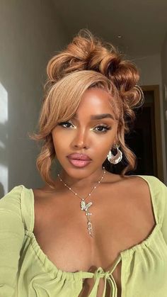 Prom Hairstyles Big Forehead, Homecoming Hair Styles For Black Women, Updo Styles For Black Women Prom, Weave Updos For Black Women, Birthday Wig Hairstyles Ideas Black Women, Classy Frontal Hairstyles, Braided Ponytail Hairstyles Black Women With Curls, Messy Updo Black Women Natural Hair, Honey Blonde Updo Black Women