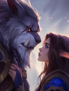 a woman and a wolf face each other