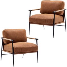 two brown chairs with black legs and arms