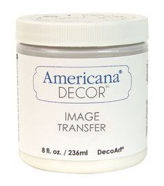 an empty jar of white acrylic paint with the words, american decor image transferer