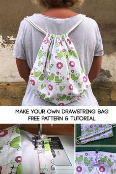 the back of a child's backpack with flowers on it, and instructions to make your own drawstring bag