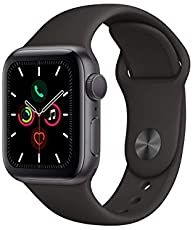 the apple watch series 5 is shown in grey and black, with a sport band