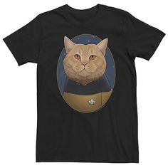 a black t - shirt with an orange cat wearing a star trek uniform