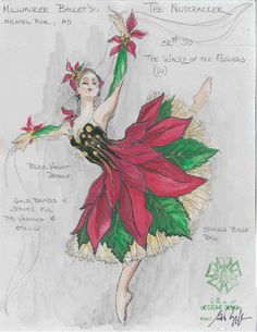 a drawing of a woman in a red and green dress with flowers on her arms