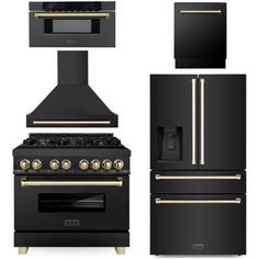 ZLINE Kitchen Appliance Packages ZLINE Autograph Package - 36 Dual Fuel Range, Range Hood, Refrigerator with Water and Ice Dispenser, Microwave and Dishwasher in Black Stainless Steel with Gold Accents White Black And Gold Kitchen, Black Gold Kitchen, Oven Range Hood, Zline Kitchen, Large Fridge, Microwave Drawer, Counter Depth Refrigerator, Kitchen Appliances Refrigerators, Kitchen Appliance Packages