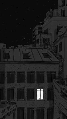 a black and white drawing of an apartment building at night with the moon in the sky