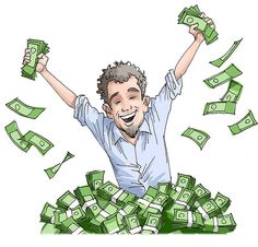 a man is jumping in the air with money falling from his arms and hands behind him