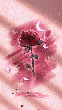 a drawing of a red rose with the moon and stars in the sky behind it