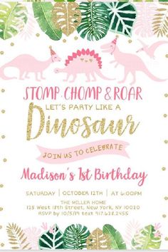 a pink and gold dinosaur birthday party card