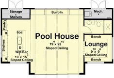 the floor plan for a pool house with two separate rooms and an attached laundry room