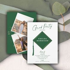 a green graduation party card with photos on it