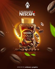 an advertisement for nestaf gold blend with coffee beans and leaves flying around it on a dark background