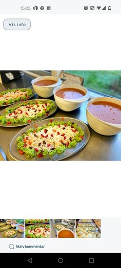 an image of food being cooked in pans on a table with sauces and condiments