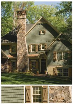 the front and side views of a house with stone chimney