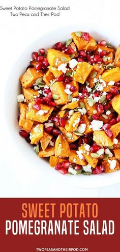 sweet potato pomegranate salad in a white bowl