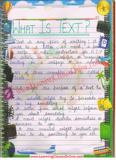 an open notebook with writing on it and the words what is text? written below