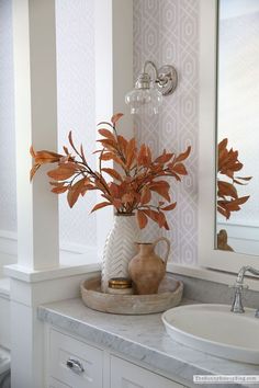 there is a vase with some plants in it on the bathroom sink counter next to the mirror