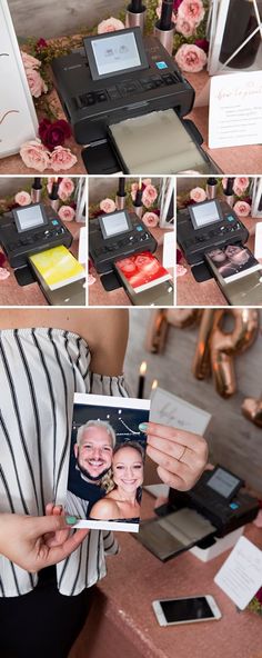 a woman holding up a photo next to a printer with pictures on it and flowers in the background