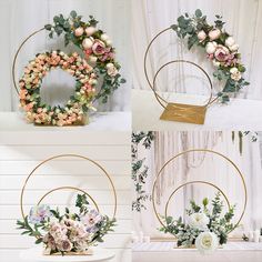 four different floral wreaths hanging on the wall