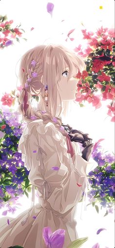 an anime character with long hair and flowers in front of her, looking up at the sky