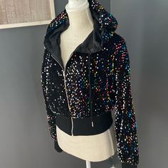 Bought For Eras Tour, Never Worn. Size M. Front Zip, Hood Ties. Cute, Cute Cute! The Only Thing That’s Ever Worn It Is This Mannequin! Lol! **Jacket Only Cute Cute, Sequin Jacket, Eras Tour, Sequin, Jackets & Coats, Women Shopping, How To Wear, Black, Color