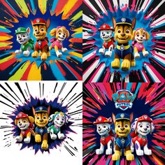 the paw patrol characters are depicted in this collage with colors and splatters