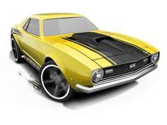 a yellow muscle car with black stripes on it's hood is shown in front of a white background