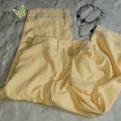 Sunshine Yellow Capri Pants Will Help You Welcome Summer! Size 22w, Linen/Rayon Blend, New With Tags. Lace/Ribbon Detail At The Ankle. C.J. Banks Summer Cotton Straight Capris, Summer Straight Cotton Capris, Fitted Wide-leg Summer Capris, Welcome Summer, Sunshine Yellow, Lace Ribbon, Banks, Pant Jumpsuit, Capri Pants