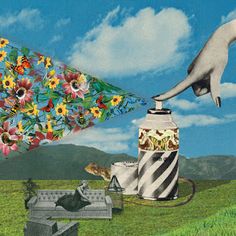 a collage of images with flowers and an object in the air, including a woman's hand reaching for something