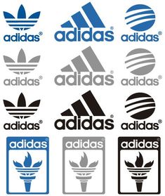 the adidas logo is shown in several different colors and styles, including blue, white,