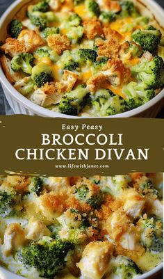 broccoli and chicken casserole with text overlay