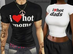 two women wearing t - shirts that say i love hot moms and i love hot dads