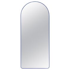 an arch shaped mirror with blue trim on the bottom and sides, against a white background