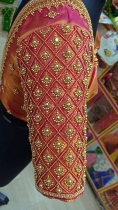 Hand work Blouse Hand Designs Embroidery, Sleeves Handwork Designs, Golden Colour Aari Work Blouse, Blouse Designs Latest Aari Work, Wedding Aari Work Blouse Designs, Hand Designs For Blouses, Sleeve Design For Blouse, Bridal Aari Work Blouse Designs, Handwork Blouse Design