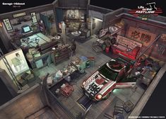 an overhead view of a car in a garage with lots of furniture and other items