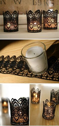 some candles are sitting on a table with lace doily around them and one candle is lit