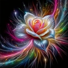 a painting of a flower with many colors and sparkles in the sky behind it