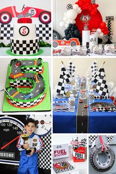 a collage of photos with cars and race themed items on them, including cake