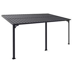 an outdoor table with metal legs and a black cover on it's side, against a white background