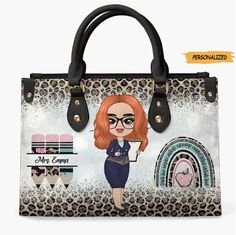 a handbag with an image of a woman in glasses and leopard print on it