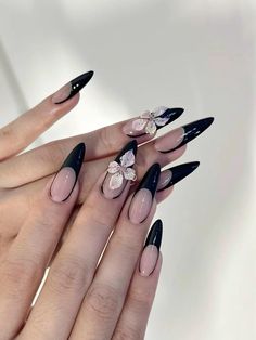 Long Nails Black French, Black Nails 3d Flowers, Black And White 3d Flower Nails, Black Floral Nails Simple, Black French Tip Flower Nails, Black French Tip Nails With Flower, Black 3d Nail Art, Black And Flower Nails, Black Nails Stilleto