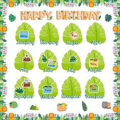 happy birthday card with green leaves and animals