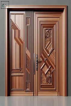 an open wooden door with decorative designs on the front and side panels, in a room