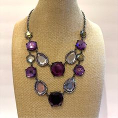 Excellent Condition. Necklace Measures 18” Plus 3” Extender. Faceted Acrylic Jewels In Purple, Clear & Floral On A 2 Layered Statement Necklace. Accompanied With Aurora Borealus Rhinestones. Really Nice Necklace! Looks Basically Like It Was Never Worn. This Necklace Could Dress Up Jeans And Your Favorite Tank- Or Your Would Compliment Any Little Black Dress ! Reminds Me Of Something J. Crew Would Do. Check Out Other Items In My Closet! Over 3,000 Items- Mostly Jewelry ( But Not All)! Bundle For Purple Jeweled Necklace, Purple Metal Necklace For Party, Purple Jeweled Necklace For Party, Purple Metal Costume Jewelry Necklaces, Purple Jeweled Necklaces For Party, Purple Crystal Necklaces With Jewels, Elegant Purple Crystal Rhinestone Necklace, Purple Jeweled Party Necklace, Elegant Purple Rhinestone Crystal Necklace