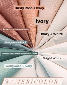 the different colors of pillows are shown in this graphic above it is an image of white, brown, and ivory