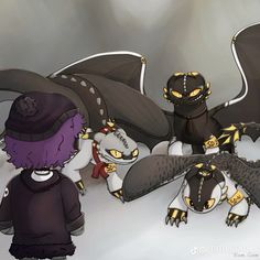 some very cute cartoon characters with big bats on their heads and wings, all dressed in black